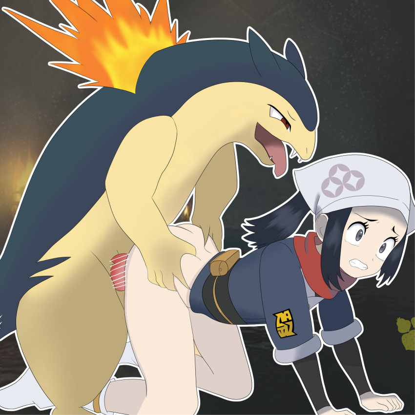 1boy 1girl 2024_pokemon_teraleak absurdres akari_(pokemon) all_fours bar_censor black_hair bottomless buruberi censored clenched_teeth clothing_aside creatures_(company) doggystyle fundoshi fundoshi_aside game_freak gen_2_pokemon grey_eyes headscarf highres interspecies japanese_clothes nintendo penis pokemon pokemon_(creature) pokemon_legends:_arceus pokephilia rape scarf sex sex_from_behind simple_background socks teeth tongue tongue_out torso_grab typhlosion vaginal wide-eyed