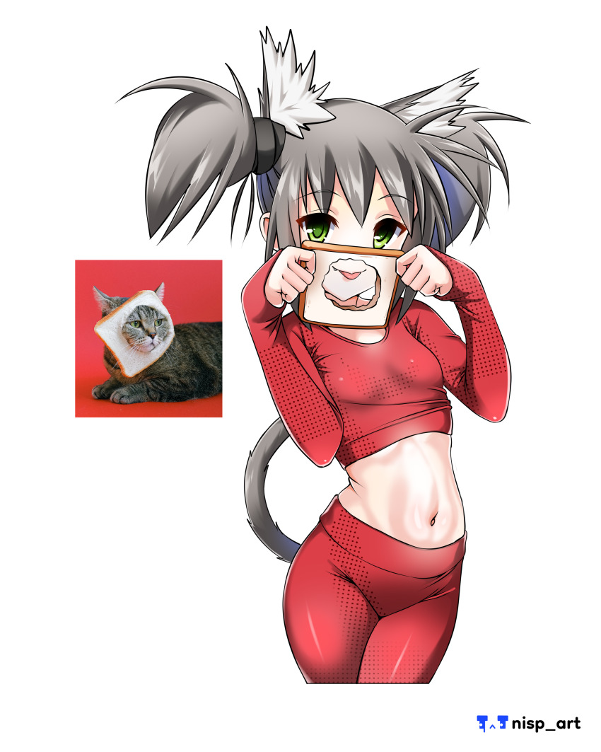 1girl :p absurdres animal_ears artist_logo artist_name belly bread bread_slice cat cat_ears cat_girl cat_tail commentary_request crop_top cropped_legs fang food green_eyes grey_hair highres holding holding_food logo long_sleeves looking_at_viewer medium_hair navel nisp_art original pants personification red_pants red_shirt reference_inset russian_commentary shirt short_twintails simple_background sleeves_past_wrists smile solo tail tongue tongue_out twintails white_background