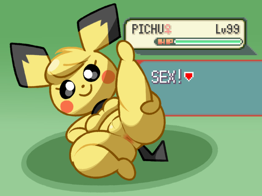 1girl animal_ears anus black_choker black_eyes blonde_hair blush_stickers body_fur breasts character_name choker cleft_of_venus closed_mouth completely_nude english_text female_focus furry furry_female gen_2_pokemon gradient_background green_background happy health_bar leg_up looking_at_viewer lying nintendo nude on_side personification pichu pokemon pokemon_(creature) presenting pussy short_hair small_breasts smile solo spread_legs tail thick_thighs thighs uncensored venus_symbol vilepluff yellow_fur