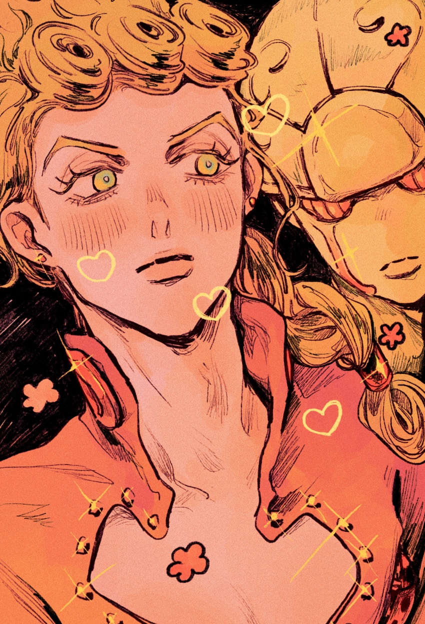 1boy 1other absurdres bishounen black_background blonde_hair braid clothing_cutout colored_eyelashes drawn_heart earrings giorno_giovanna gold_experience highres jacket jewelry jojo_no_kimyou_na_bouken looking_at_another male_focus okokoro_zaiku pink_jacket stud_earrings vento_aureo victory_rolls yellow_eyes