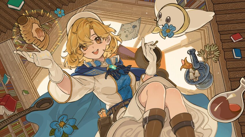 1girl belt beret blue_cape bottle cape coat dress favilia flask grass hat highres honey library looking_at_viewer mortar_(bowl) mushroom open_mouth pestle potion_craft:alchemy_simulator pouch rose_fryberg smile solo spoon volcano_princess white_coat white_dress white_hat wooden_spoon