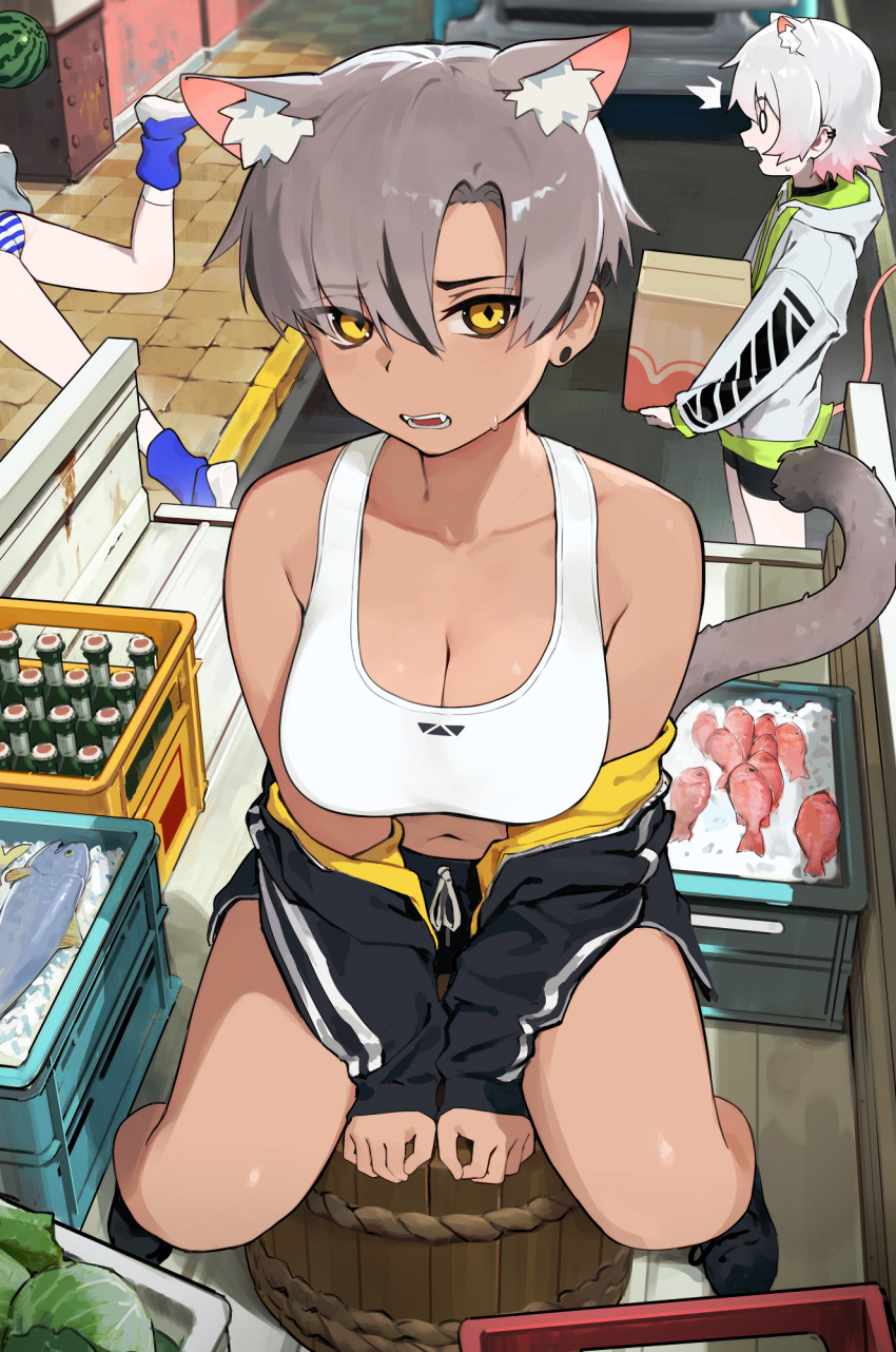 3girls animal_ears bear_ears bear_girl bear_tail black_shorts bottle box breasts carton dark-skinned_female dark_skin dolphin_shorts earrings extra_ears fang fish gris_(vertigris) highres holding holding_box ice jacket jewelry kara_(vertigris) lettuce long_sleeves medium_breasts multiple_girls original panties perl_(vertigris) short_hair shorts sports_bra striped_clothes striped_panties sweatdrop tail tripping underwear vertigris white_sports_bra yellow_eyes