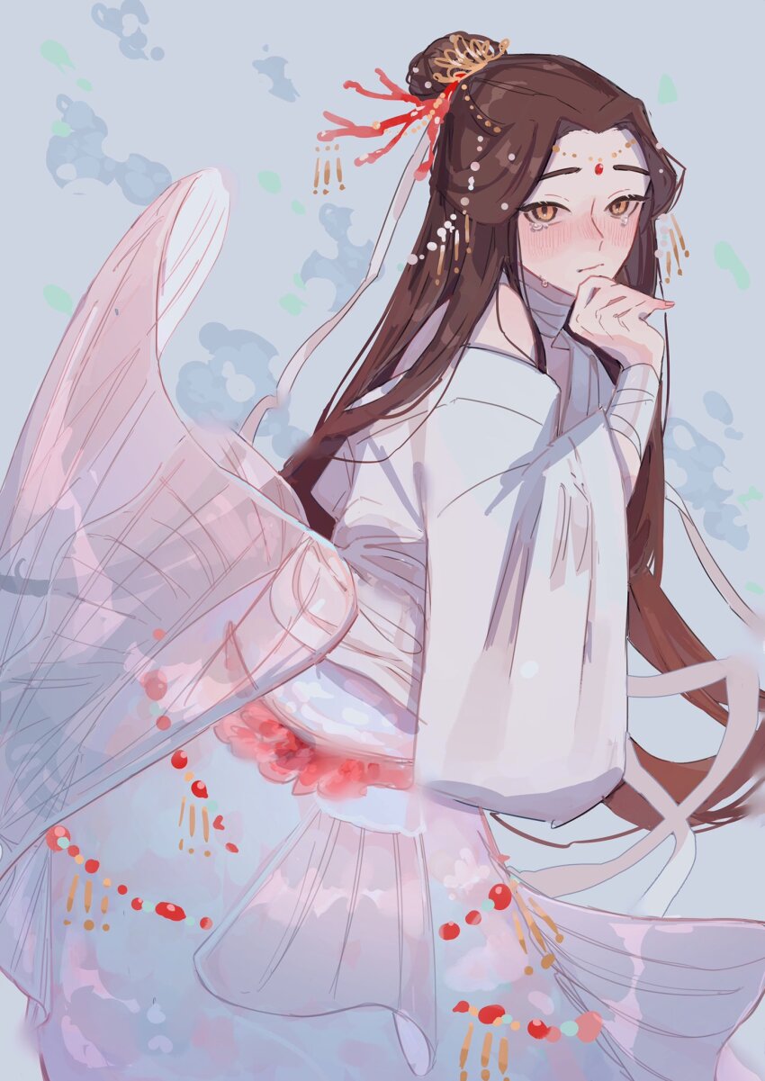 1boy alternate_costume bandages bare_shoulders blue_background blush brown_hair chinese_clothes closed_mouth crossdressing dress facial_mark flower forehead_jewel forehead_mark hair_bun hair_ornament hand_on_own_chin hand_up hanfu highres long_hair long_sleeves looking_at_viewer merman monster_boy monsterification single_hair_bun solo tears tianguan_cifu very_long_hair whale_52hz_o white_hanfu xie_lian yellow_eyes