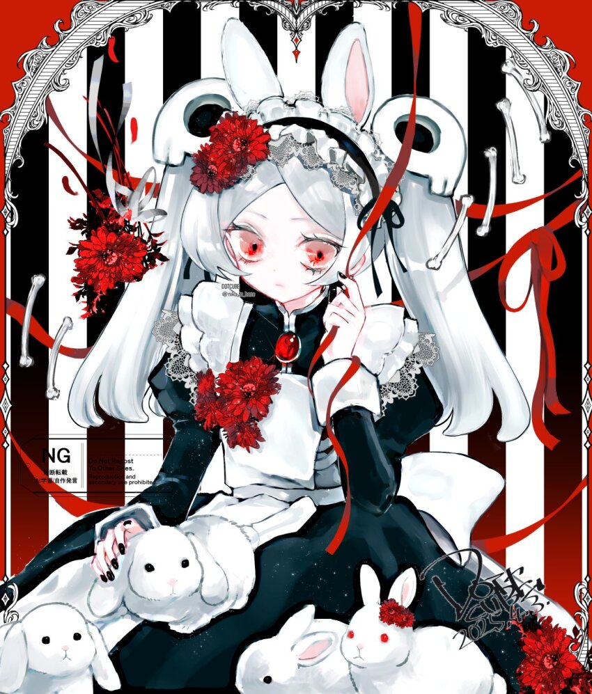 1girl alternate_costume apron black_nails bloody_marie_(skullgirls) bone border brooch dotcube dress flower frilled_apron frilled_dress frills grey_hair hair_ornament hairband highres jewelry juliet_sleeves lace_hairband long_sleeves nail_polish puffy_sleeves rabbit rabbit_ears red_border red_eyes skull_hair_ornament skullgirls solo striped_background twintails