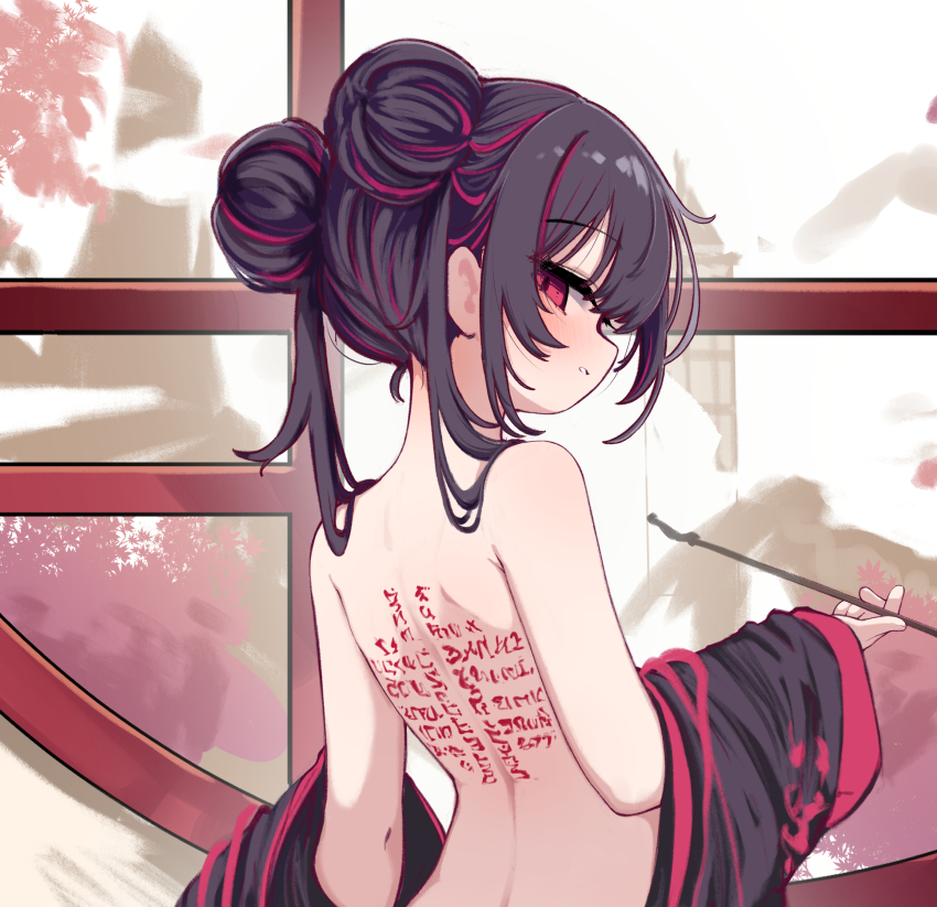 1girl absurdres architecture back back_tattoo bare_back bare_shoulders black_dress black_hair blush body_markings china_dress chinese_clothes double_bun dress east_asian_architecture from_behind hair_bun highres holding kimhiro kiseru light_smile long_hair looking_at_viewer looking_back multicolored_hair off_shoulder parted_lips partially_undressed red_dress red_eyes red_hair side_up_bun smoke smoking_pipe solo spine streaked_hair tattoo tree two-tone_dress two-tone_hair upper_body