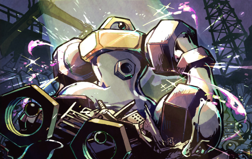 black_eyes commentary_request fence gen_7_pokemon looking_at_another looking_up melmetal meltan mythical_pokemon nintendo no_humans odo_7ta pokemon pokemon_(creature) sky sparkle spotlight tower