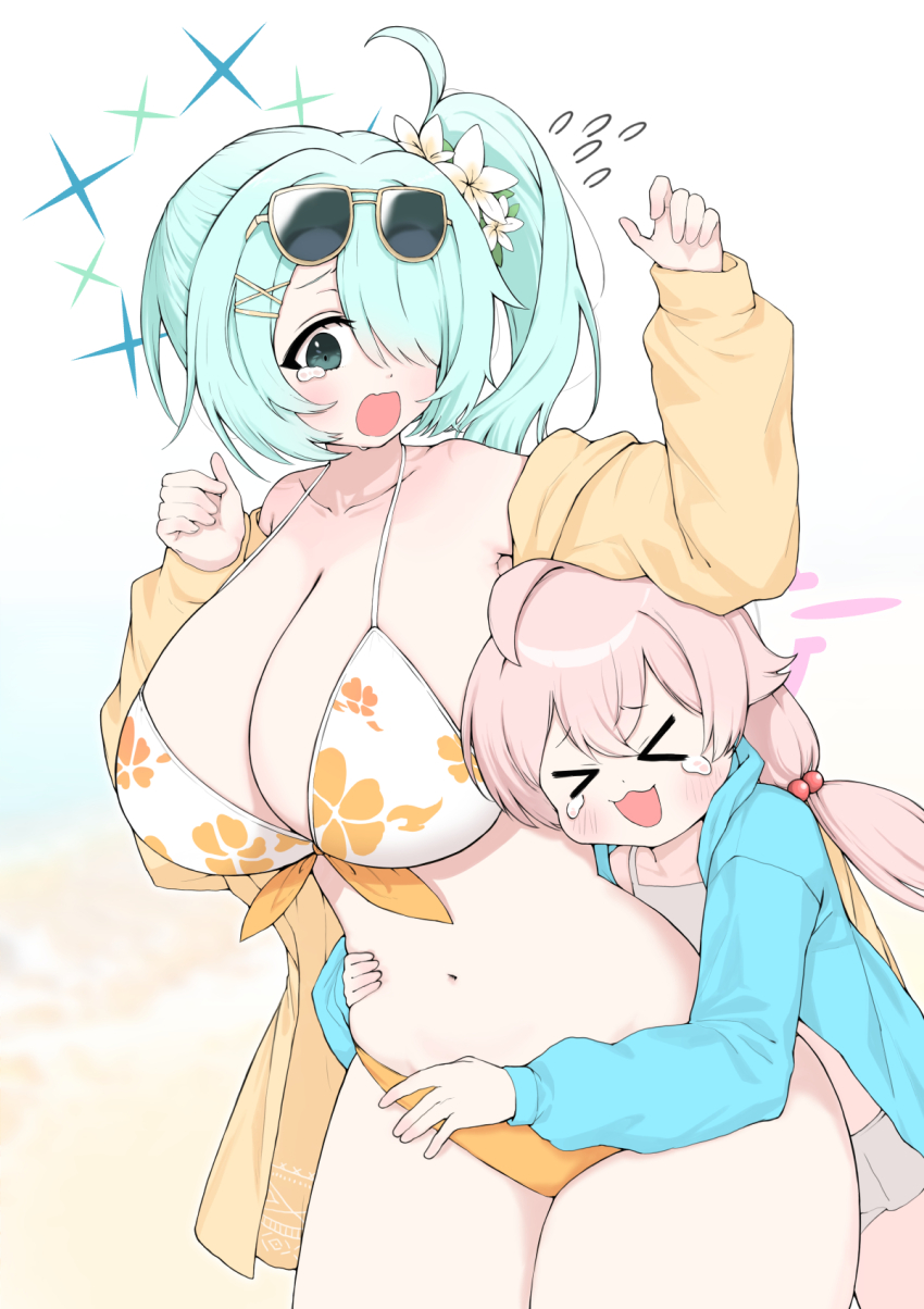 &gt;_&lt; 2girls :d ahoge aqua_hair beach bikini blue_archive blue_jacket breasts cleavage commentary_request eyewear_on_head floral_print_bikini flower flying_sweatdrops hair_bobbles hair_flower hair_ornament hair_over_one_eye halo height_difference highres hiyori_(blue_archive) hiyori_(swimsuit)_(blue_archive) hoshino_(blue_archive) hoshino_(swimsuit)_(blue_archive) hug hug_from_behind jacket large_breasts long_hair long_sleeves looking_at_another low_twintails multiple_girls navel official_alternate_costume open_mouth orange_bikini orange_jacket pink_hair side_ponytail smile stomach sunglasses swimsuit tearing_up twintails white_bikini xd yosik