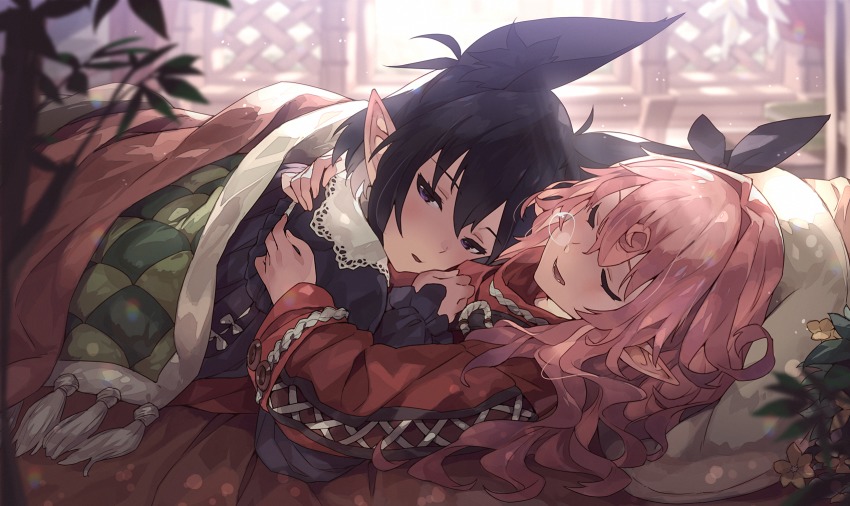 2girls =_= animal_ear_fluff animal_ears backlighting bed black_hair black_ribbon black_shirt blanket blurry blurry_foreground blush closed_eyes collared_shirt commentary_request day depth_of_field frilled_sleeves frills hair_between_eyes hair_intakes hair_ribbon half-closed_eyes highres hug indoors lace_trim light light_rays long_hair long_sleeves lying mano_(narumi_arata) multiple_girls narumi_arata nose_bubble on_back on_bed original parted_lips pillow pink_hair plant pointy_ears purple_eyes recri_(narumi_arata) red_shirt revision ribbon shirt short_hair sidelocks sleeping sleeves_past_wrists teeth wavy_hair window