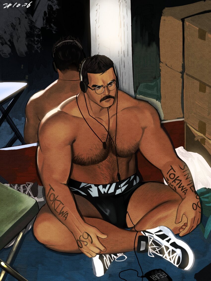 1boy bara black_hair black_male_underwear body_writing brk_603 derivative_work facial_hair full_body headphones highres indoors jewelry leg_hair male_focus male_underwear mature_male mirror muscular muscular_male mustache necklace original pectorals reflection round_eyewear shoes short_hair sitting sneakers solo thick_chest_hair thick_eyebrows thick_mustache thick_navel_hair topless_male underwear underwear_only