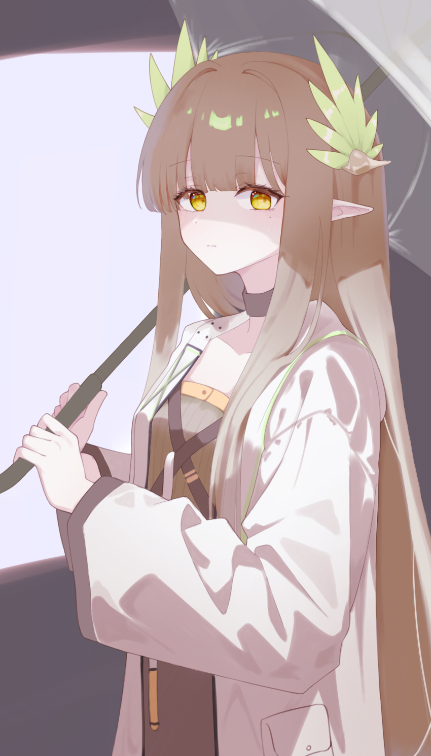 1girl absurdres arknights brown_hair choker closed_mouth collarbone commentary elf grey_choker grey_shirt hair_ornament highres holding holding_umbrella jacket library_l1brary_(n!_koppepan) long_hair long_sleeves looking_at_viewer mole mole_under_eye muelsyse_(arknights) open_clothes open_jacket partially_shaded_face pointy_ears shirt sidelocks solo umbrella white_jacket wide_sleeves yellow_eyes