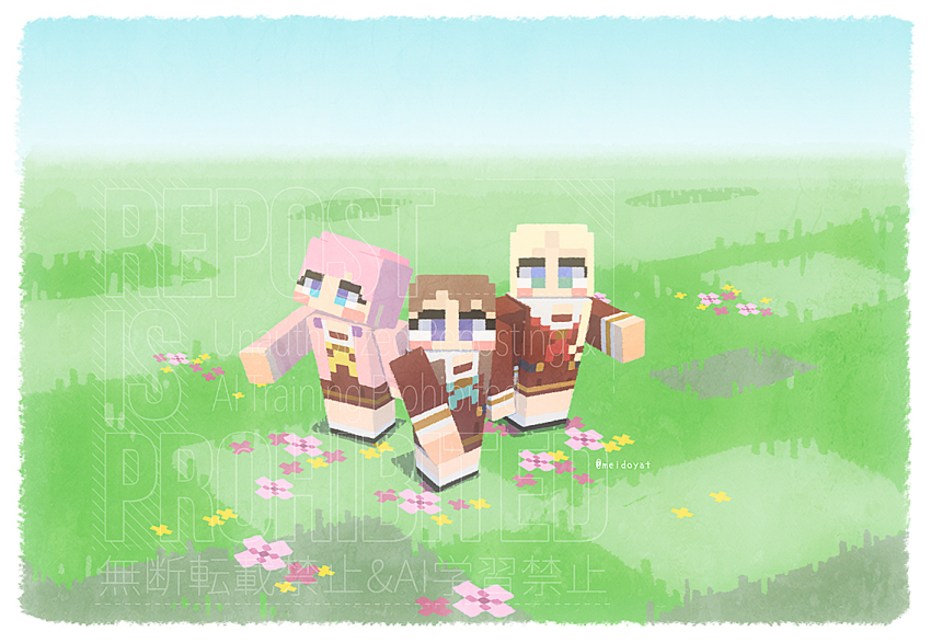 3girls anyoji_hime aqua_neckerchief blonde_hair blue_eyes brown_dress brown_hair commentary_request day dress flower fujishima_megumi grass hasu_no_sora_school_uniform jacket link!_like!_love_live! long_hair long_sleeves love_live! meidosan minecraft minecraft_(style) mira-cra_park! multiple_girls neckerchief official_style open_clothes open_jacket osawa_rurino outdoors pink_flower pink_hair pink_jacket purple_eyes red_neckerchief sailor_dress school_uniform standing twitter_username unfinished virtual_youtuber watermark winter_uniform yellow_neckerchief