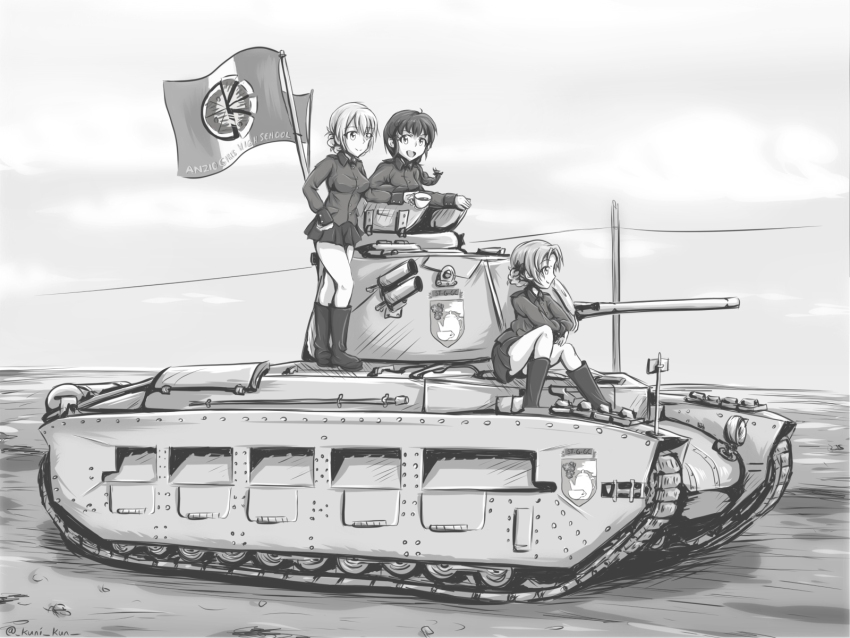 3girls :d anzio_(emblem) boots braid closed_mouth commentary cup darjeeling_(girls_und_panzer) emblem english_commentary flag flag_on_vehicle girls_und_panzer greyscale highres holding holding_cup jacket kuni-kun long_hair long_sleeves matilda_(tank) military_vehicle miniskirt monochrome motor_vehicle multiple_girls on_tank open_mouth orange_pekoe_(girls_und_panzer) outdoors photo-referenced rukuriri_(girls_und_panzer) short_hair sitting skirt smile st._gloriana&#039;s_(emblem) st._gloriana&#039;s_military_uniform standing tank vehicle_focus world_war_ii