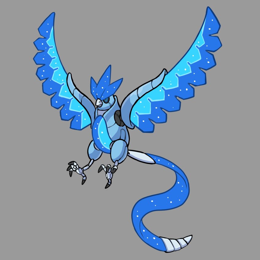 absurdres articuno bird black_sclera blue_eyes colored_sclera commentary creatures_(company) english_commentary fakemon full_body game_freak gen_1_pokemon grey_background highres legendary_pokemon nintendo non-humanoid_robot original pixel_eyes pokemon pokemon_(creature) rgreywind robot robot_animal simple_background solo