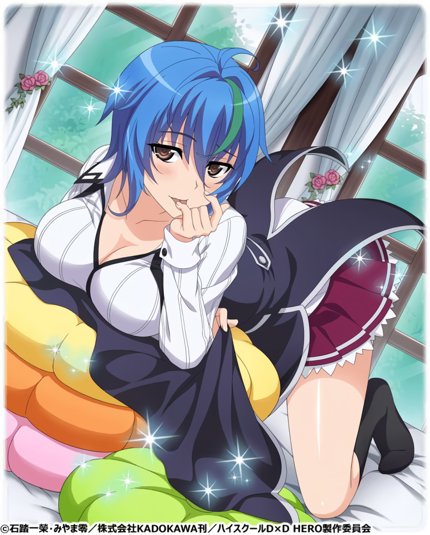 1girl black_corset blue_hair breasts brown_eyes capelet_removed cleavage corset green_hair hair_between_eyes high_school_dxd high_school_dxd_hero highres kuoh_academy_school_uniform large_breasts long_sleeves looking_at_viewer multicolored_hair official_art red_skirt sangoku_taisen_smash! school_uniform seductive_gaze short_hair skirt streaked_hair thighs xenovia_quarta