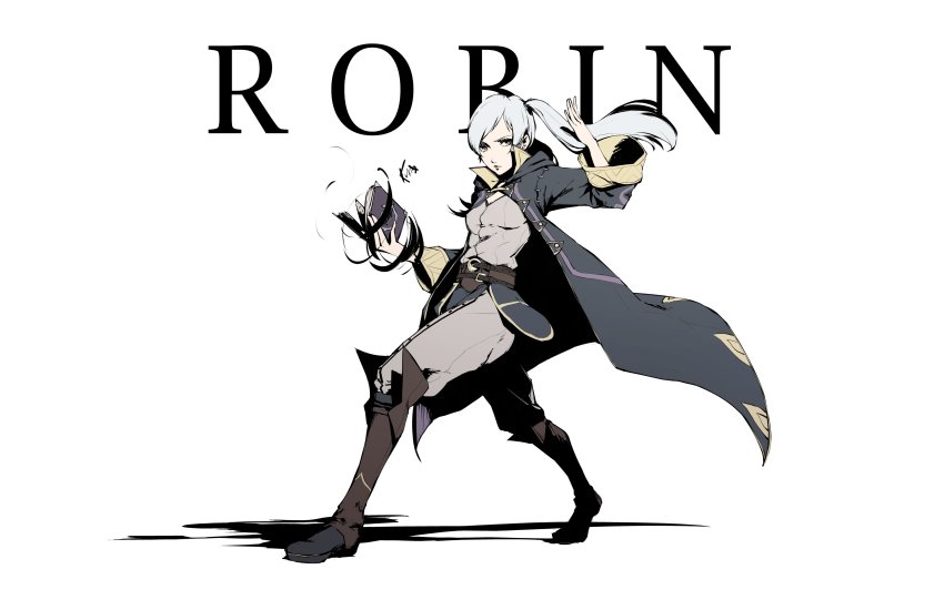1girl absurdres arm_up belt blue_robe book boots brown_boots character_name commentary english_commentary eyelashes female_focus female_robin_(fire_emblem) fire_emblem fire_emblem_awakening full_body highres holding holding_book knee_boots kuno_(runkunochan) looking_at_viewer nintendo pants ponytail robe serious shadow shirt signature silver_hair simple_background soejima_shigenori_(style) solo wide_sleeves wizard yellow_eyes