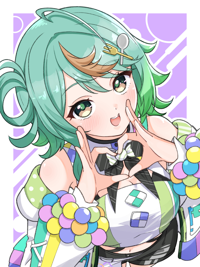 1girl absurdres ahoge aogiri_koukou black_bow black_bowtie black_shorts blush bow bowtie breasts cleavage detached_sleeves from_above green_eyes green_hair hair_ornament hair_rings heart heart_hair_ornament highres looking_at_viewer medium_hair multicolored_hair navel open_mouth puwapuwa_popura ruriho short_shorts shorts smile solo streaked_hair teeth upper_teeth_only virtual_youtuber