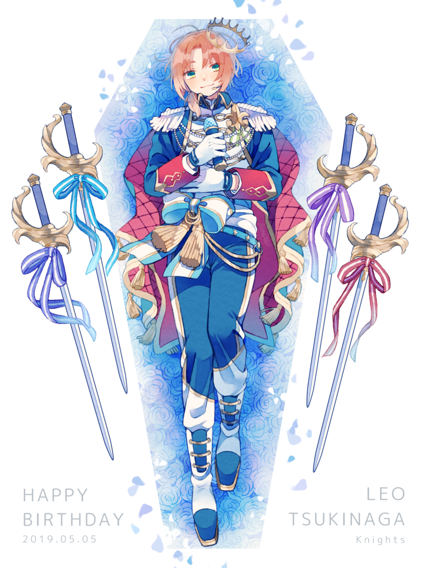 1boy amagi_hana blue_jacket blue_pants boots cape character_name closed_mouth collared_jacket commentary_request crown dated ensemble_stars! full_body gloves green_eyes happy_birthday highres holding holding_microphone jacket long_sleeves looking_at_viewer lying male_focus microphone on_back orange_hair pants parted_bangs red_cape short_hair smile solo sword tsukinaga_leo weapon white_background white_boots white_gloves