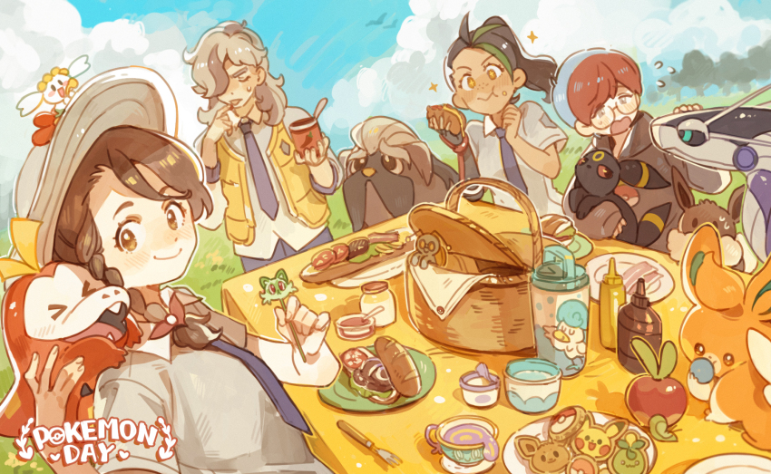 1boy 3girls animal-themed_food applin arven_(pokemon) basket black_hair blue_hair braid brown_hair character-themed_food closed_eyes cloud commentary cookie copyright_name cup dark-skinned_female dark_skin day dog eating eevee flabebe flabebe_(red_flower) food fuecoco gen_1_pokemon gen_2_pokemon gen_6_pokemon gen_8_pokemon gimmighoul gimmighoul_(roaming) glasses green_hair hat highres holding juliana_(pokemon) long_hair luminous_slime mabosstiff medium_hair miraidon multicolored_hair multiple_girls nemona_(pokemon) nintendo outdoors pawmi penny_(pokemon) pikachu pleading_eyes pokemon pokemon_(creature) pokemon_sv ponytail quaxly red_hair sandwich short_hair single_braid sinistea sky smoliv sprigatito streaked_hair surprised symbol-only_commentary teacup two-tone_hair umbreon