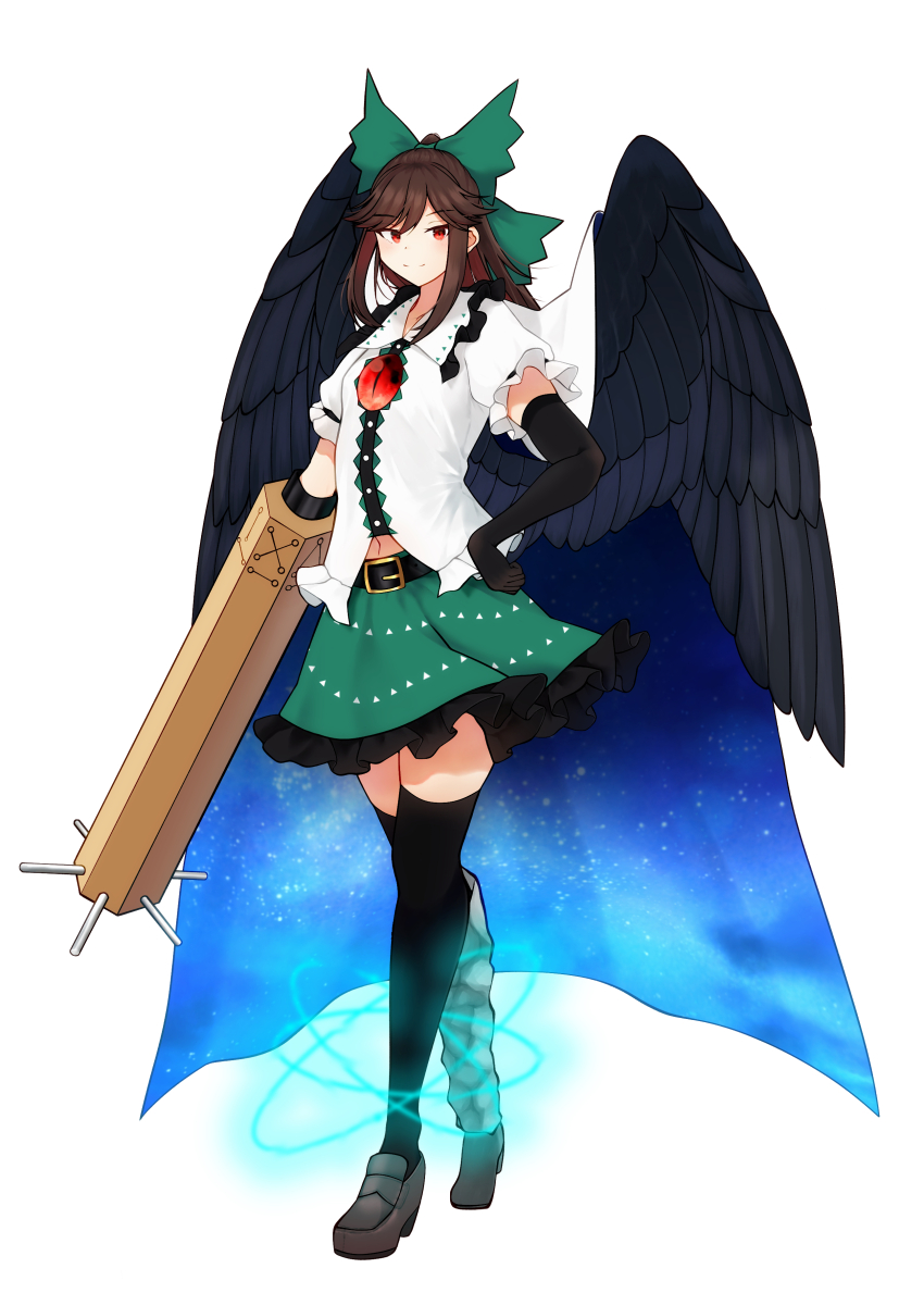 1girl absurdres arm_cannon asymmetrical_footwear atom bird_wings black_gloves black_thighhighs black_wings bow brown_hair buttons cape center_frills closed_mouth collared_shirt commentary_request control_rod_(touhou) cosmos_0131 elbow_gloves flat_chest frilled_shirt_collar frilled_skirt frills full_body gloves green_bow green_skirt grey_shoes hair_bow highres long_hair looking_at_viewer mismatched_footwear navel navel_peek print_cape red_eyes reiuji_utsuho shirt shoes sidelocks simple_background skirt smile solo starry_sky_print thighhighs third_eye touhou two-sided_cape two-sided_fabric walking weapon white_background white_cape white_shirt wings