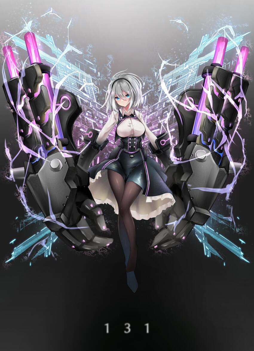 absurdres black_dress blue_eyes breasts cosmic_break dress full_body grey_hair highres kuhl kuhl_131 large_breasts looking_at_viewer mecha_musume mechanical_arms osisio pantyhose shirt short_hair sidelocks white_shirt