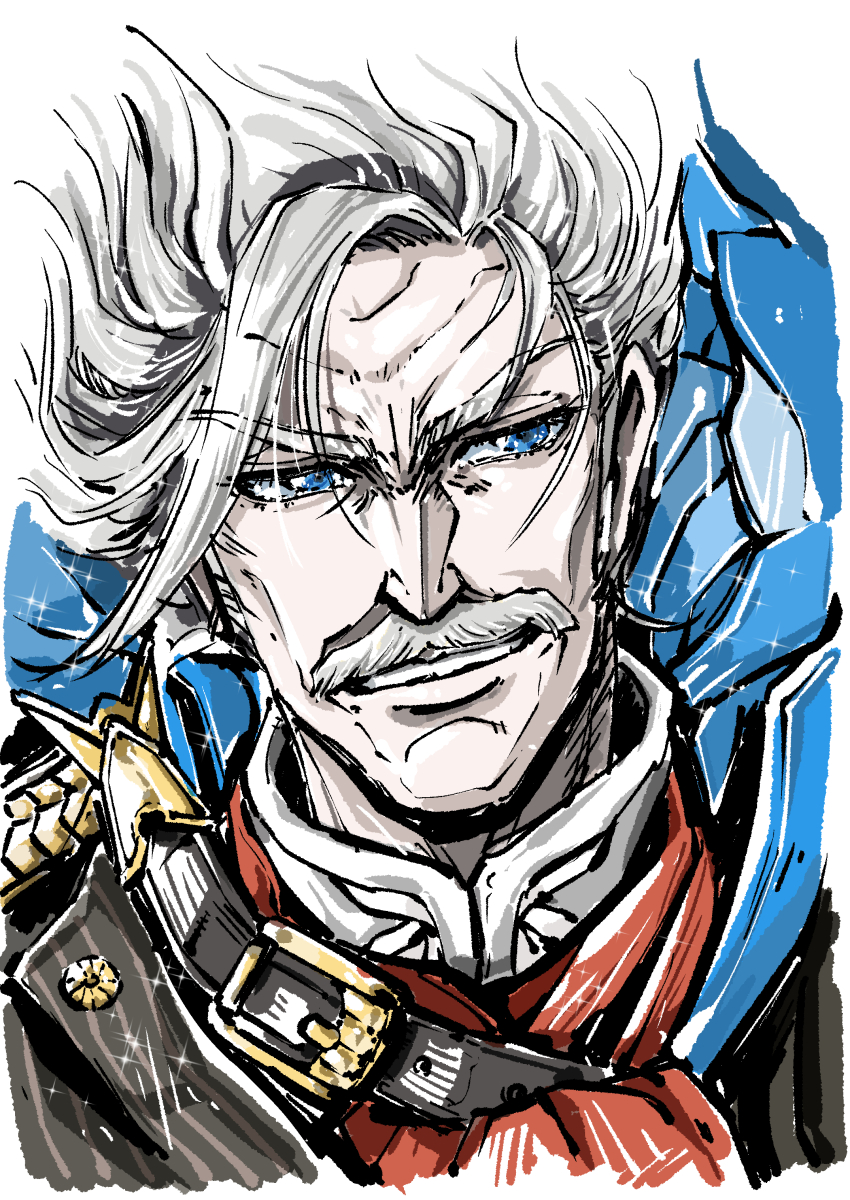 1boy absurdres blue_eyes close-up commentary_request facial_hair fate/grand_order fate_(series) hair_up high_collar highres james_moriarty_(archer)_(fate) looking_to_the_side male_focus mustache nishikawa099 old old_man solo sparkle white_hair