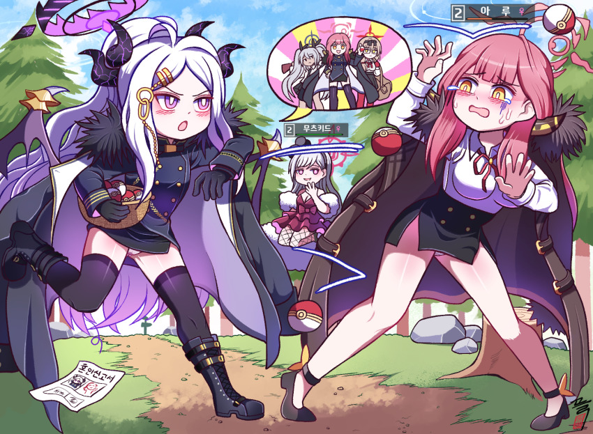 3girls :d arm_up aru_(blue_archive) bag basket belt black_coat black_footwear black_gloves black_skirt black_thighhighs blue_archive blunt_bangs bolt_action boots bow bowtie brown_coat cameo chinatsu_(blue_archive) coat coat_on_shoulders collared_shirt commentary_request crying crying_with_eyes_open dark-skinned_female dark_skin demon_girl demon_horns demon_wings doodle_sensei_(blue_archive) dress evening_gown fishnet_pantyhose fishnets forehead forest frilled_dress frills full_body fur-trimmed_coat fur_shawl fur_trim gameplay_mechanics gloves grey_hair gun hair_between_eyes hair_ornament hair_ribbon hairclip half_updo halo health_bar high-waist_skirt high_heels hina_(blue_archive) holding holding_basket holding_gun holding_weapon horns iori_(blue_archive) knee_boots korean_text long_hair long_sleeves looking_at_another marriage_certificate_(object) mauser_98 military_uniform multiple_girls mutsuki_(blue_archive) mutsuki_(dress)_(blue_archive) nature nervous_sweating nintendo official_alternate_costume official_alternate_hairstyle open_clothes open_coat open_mouth outdoors panties pantyhose pantyshot paper parted_bangs pencil_skirt poke_ball pokemon purple_eyes red_bow red_bowtie red_dress red_hair ribbon rifle sam_browne_belt school_uniform sensei_(blue_archive) shasa2456 shawl shirt shoulder_bag side_slit sidelocks skirt smile spoken_character standing standing_on_one_leg strappy_heels sweat tears thighhighs throwing throwing_poke_ball translation_request tree twintails underwear v-shaped_eyebrows wavy_hair weapon white_gloves white_hair white_panties white_shirt wings yellow_eyes