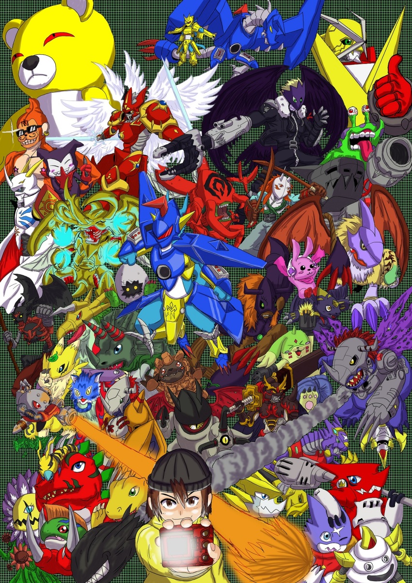 agumon arresterdramon batamon beelzebumon beelzebumon_blast_mode blossomon brown_eyes brown_hair cutemon damemon deathmon diablomon digimon digimon_(creature) digitamamon dukemon dukemon_crimson_mode etemon fusion gargomon griffomon gumdramon hat heraklekabuterimon highres impmon jyagamon kunemon kuwagamon magnamon mailbirdramon mameo_(digimon) metalgreymon_(virus) metalmamemon monodramon monzaemon mugendramon numemon omegamon omegashoutmon original renamon scar scarf seadramon shoutmon_king_ver. shoutmon_x7 shoutmon_x7_superior_mode skullsatamon smile tactimon triceramon tyranomon wanyamon wargreymon yaksamon yellow_eyes