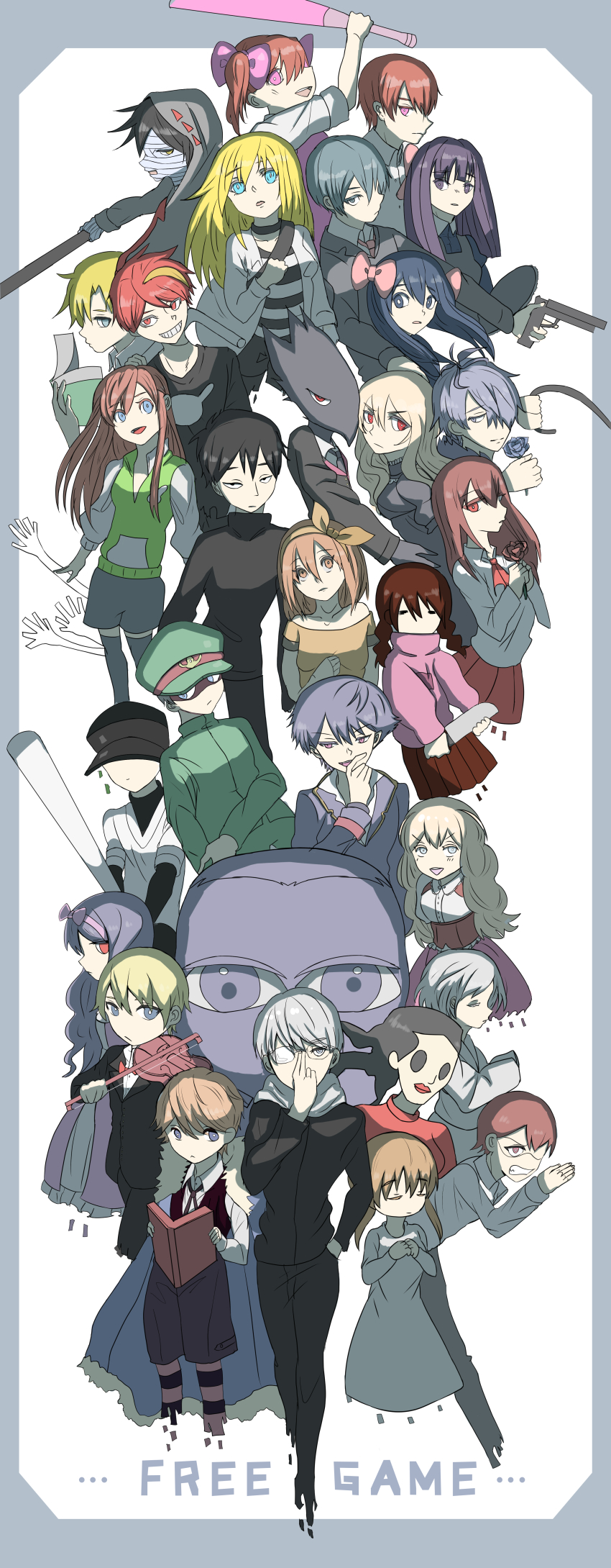 6+boys 6+girls absurdres akito_(misao) alicemare allen_llewellyn ao_oni arne_no_jikenbo aya_drevis bad_id bad_pixiv_id baseball_bat braid brown_hair caron_(higyaku_no_noel) character_name child chloe_ardenne chloe_no_requiem collared_shirt crossover flower garry_(ib) gokuto_jihen highres higyaku_no_noel himeno_mikoto himuro_hitoshi hiroshi_(ao_oni) holding holding_flower hood hood_up ib_(ib) ib_(kouri) isaac_foster kaii_shoukougun kanzaki_shiori kirisame_ga_furu_mori kirishima_(gokuto_jihen) long_hair lynn_reinweiss mad_father madotsuki michel_d&#039;alembert misao multiple_boys multiple_girls narukami_aki noel_cerquetti off_(game) purple_hair rachel_gardner red_eyes satsuriku_no_tenshi school_uniform serafuku shirt suga_koutarou the_batter_(off) the_oni_(ao_oni) twin_braids yume_nikki