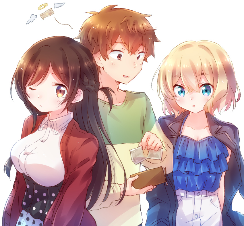 1boy 2girls absurdres black_coat blonde_hair blue_eyes blue_shirt braid breasts brown_eyes brown_hair cardigan coat coat_on_shoulders collarbone collared_shirt commentary expressionless frilled_shirt frills green_shirt hair_between_eyes halo highres holding holding_money holding_wallet kanojo_okarishimasu kinoshita_kazuya large_breasts long_hair long_sleeves looking_at_viewer mizuhara_chizuru money multiple_girls nanami_mami nyaa_(nnekoron) one_eye_closed open_cardigan open_clothes parted_lips red_cardigan shirt short_hair simple_background wallet white_background white_shirt wings yellow_shirt