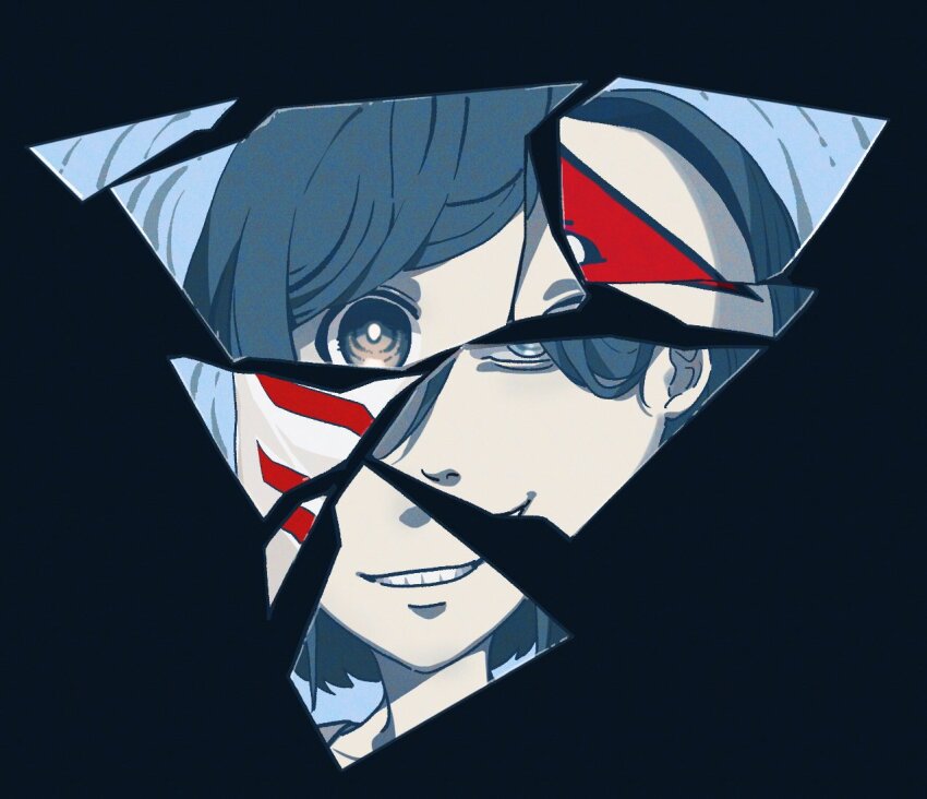 fukurai_azami grin kisaragi_ayumi looking_at_viewer mask meguriya_ayumu monochrome multiple_persona portrait reflection samezima_admin shards smile spoilers spot_color teeth toshi_densetsu_kaitai_center you92