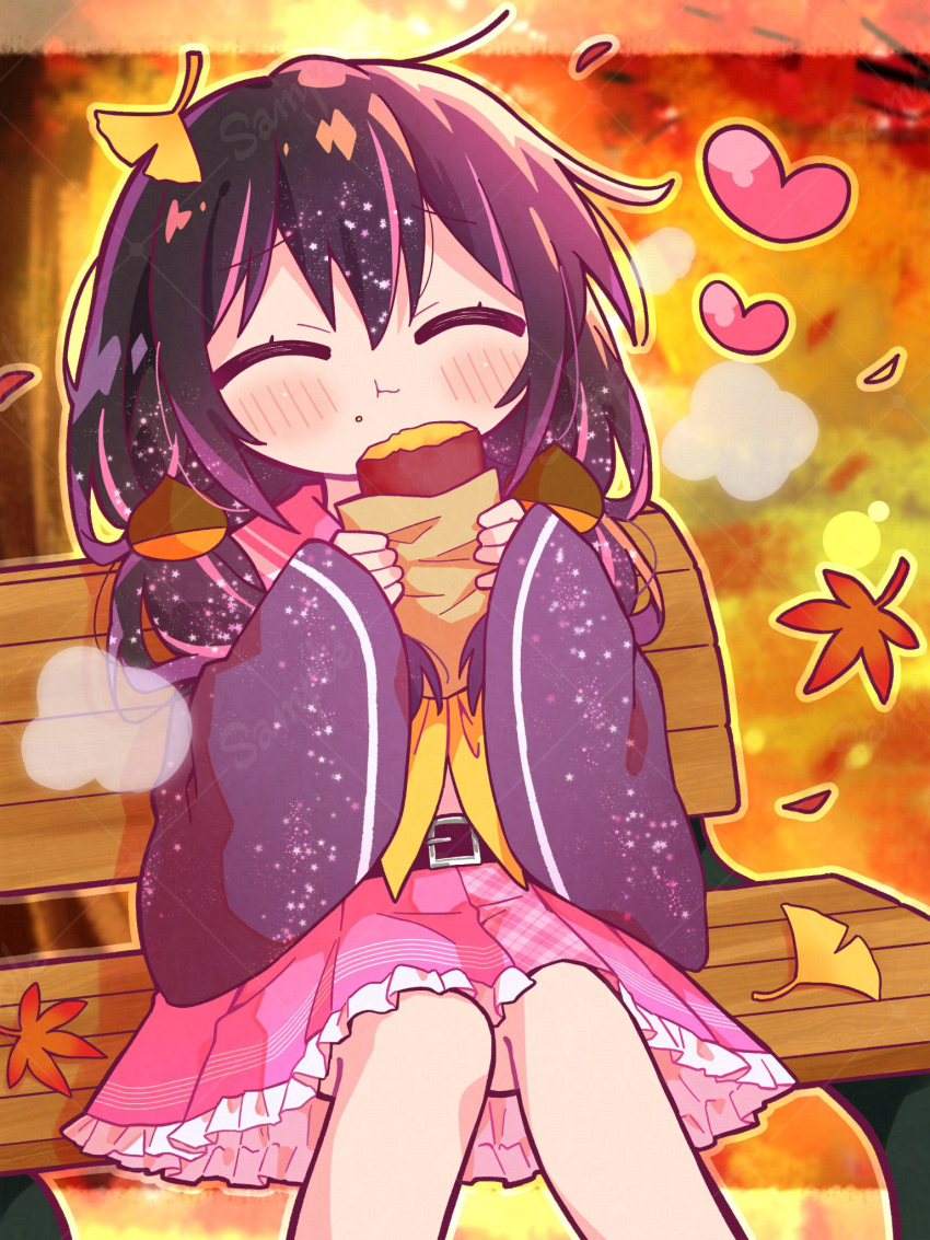 1girl :t ^_^ autumn autumn_leaves bench black_hair blush braid closed_eyes closed_mouth commentary_request crumbs eating feet_out_of_frame food frilled_skirt frills heart highres holding holding_food iriam jacket leaf long_sleeves medium_hair multicolored_hair neckerchief on_bench otokana_sora outdoors outline pink_hair pink_sailor_collar pink_skirt plaid_clothes plaid_skirt pleated_skirt purple_jacket richard_(richaball) roasted_sweet_potato sailor_collar sample_watermark school_uniform serafuku sitting skirt solo streaked_hair sweet_potato twin_braids two-tone_hair virtual_youtuber watermark watermark_grid wide_sleeves yellow_neckerchief