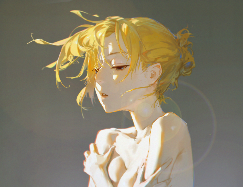 1girl annie_leonhart bare_shoulders blonde_hair blue_eyes breasts cleavage commentary dino_(dinoartforame) english_commentary grey_background half-closed_eyes half_updo highres holding_own_arm lens_flare looking_down medium_breasts parted_lips shingeki_no_kyojin short_hair sidelocks solo teeth topless_female upper_teeth_only