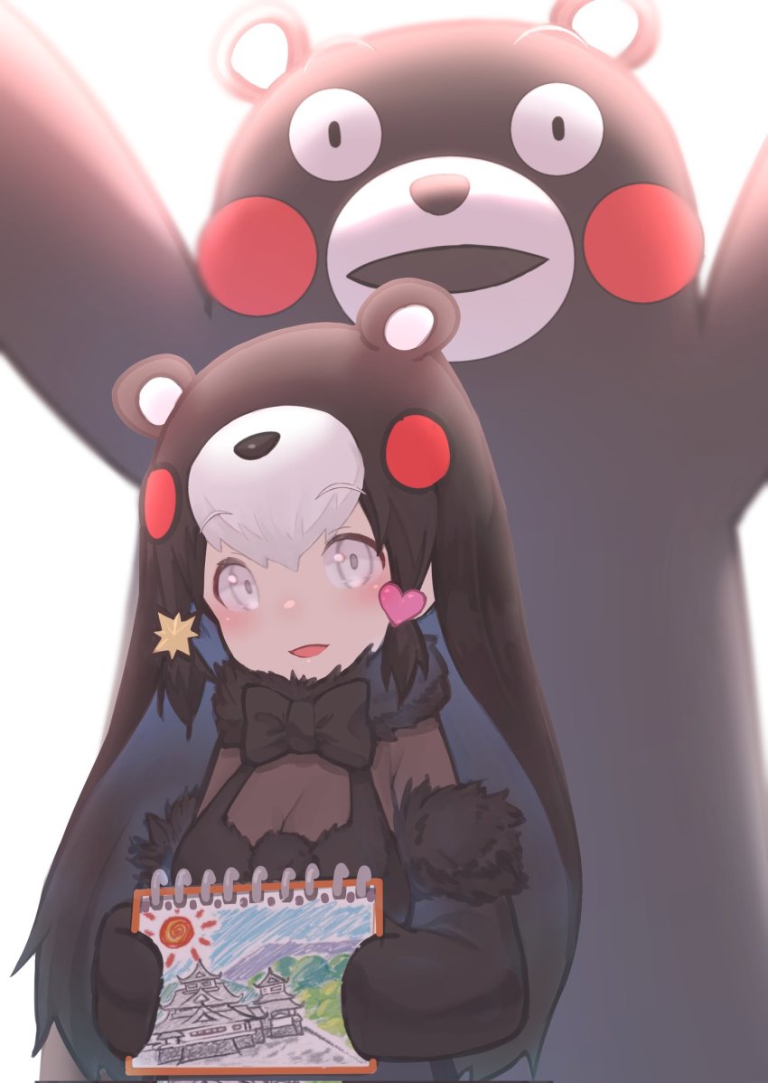1girl akuma_(st.takuma) animal_ears bear bear_ears bear_girl black_bow black_bowtie black_dress black_fur black_gloves black_hair blush bow bowtie chibi_kumamon_(kemono_friends) drawing dress elbow_gloves extra_ears fur_trim gloves grey_eyes hair_ornament heart heart_hair_ornament highres kemono_friends kemono_friends_3 kumamon long_hair looking_at_viewer multicolored_hair red_hair see-through_clothes sidelocks star_(symbol) star_hair_ornament white_hair