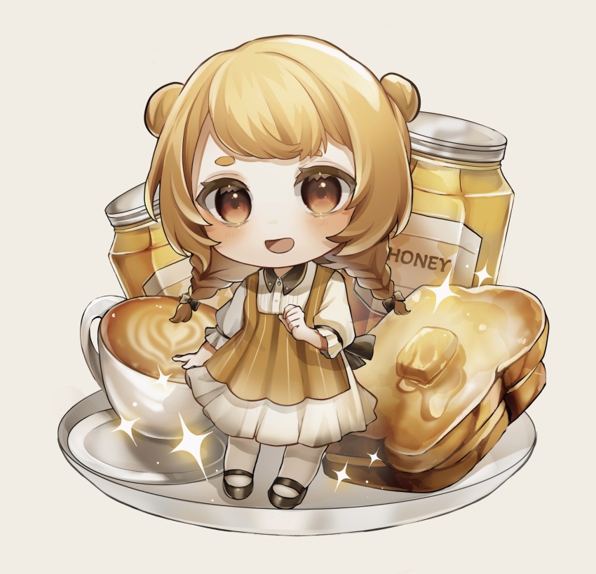 1girl :d absurdres black_footwear blonde_hair blush bread bread_slice brown_hair chibi chibi_only coffee collared_shirt commentary_request dress drink food hi_hiiii highres honey jar looking_at_viewer minimized open_mouth original shirt short_twintails smile sparkle toast twintails white_shirt yellow_dress