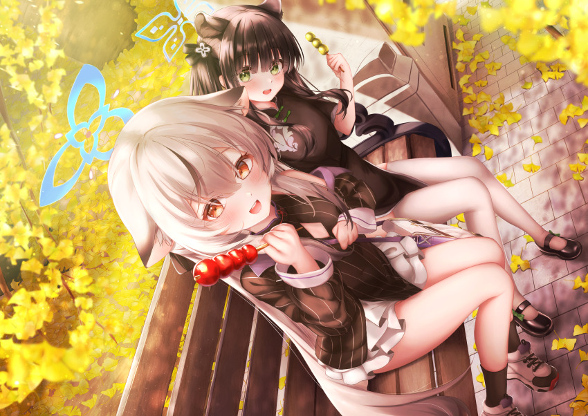 2girls :d absurdres animal_ear_fluff arashiomoto autumn autumn_leaves bench black_bow black_dress black_hair black_jacket black_shoes black_socks blue_archive blue_halo blunt_bangs blurry bow china_dress chinese_clothes commentary cross-laced_shoes dango day depth_of_field diamond_cutout dress dutch_angle extra_ears eyelashes eyes_visible_through_hair falling_leaves food full_body ginkgo_leaf green_eyes grey_hair hair_between_eyes hair_bow halo hand_up happy highres holding holding_food jacket knees_together_feet_apart kokona_(blue_archive) leaf long_hair looking_at_viewer miniskirt multicolored_hair multiple_girls on_bench open_mouth orange_eyes outdoors park_bench pelvic_curtain pleated_skirt shoes shun_(blue_archive) shun_(small)_(blue_archive) siblings sidelocks sisters sitting skirt smile sneakers socks straight_hair streaked_hair striped_clothes striped_dress striped_jacket teeth thighhighs thighs tile_floor tiles two_side_up upper_teeth_only vertical-striped_clothes vertical-striped_dress vertical-striped_jacket very_long_hair wagashi white_shoes white_skirt white_thighhighs