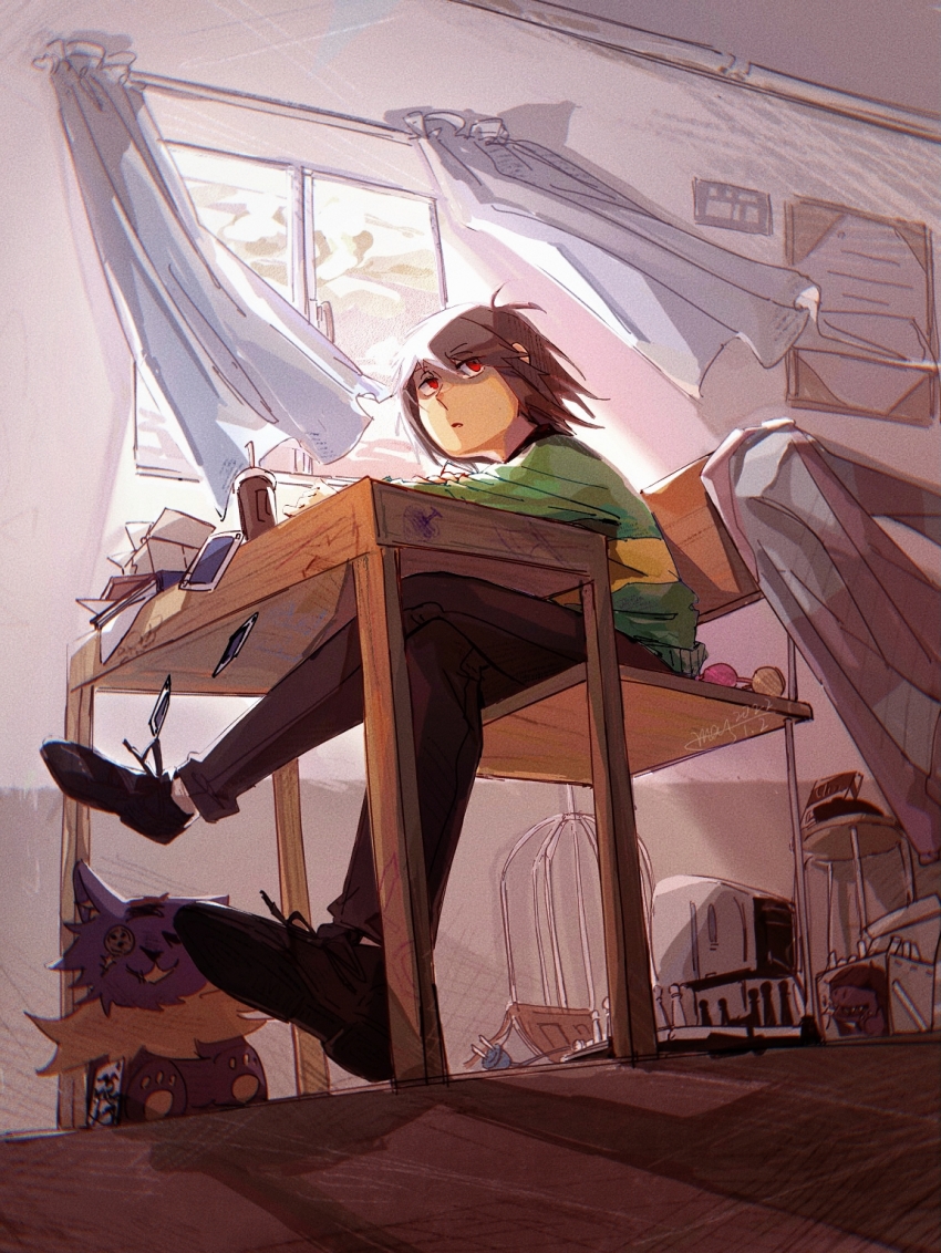 1other birdcage black_pants black_shoes brown_hair cage card chair chinese_commentary commentary_request curtains deltarune desk green_shirt heterochromatic_eyewear highres indoors kris_(deltarune) moyi7239 on_chair open_mouth pants pink-tinted_eyewear red_eyes seam_(deltarune) shirt shoe_soles shoes short_hair sitting striped_clothes striped_shirt stuffed_animal stuffed_toy tinted_eyewear unworn_eyewear window yellow-tinted_eyewear