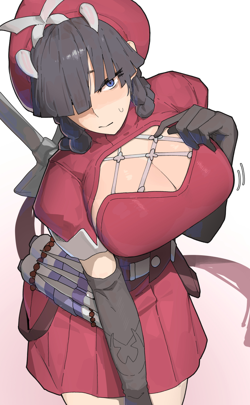 1girl absurdres azz0422 black_gloves black_hair blue_eyes braid breasts cleavage gloves hair_over_one_eye hat highres large_breasts long_hair looking_at_viewer marvel marvel_rivals pointy_ears psylocke psylocke_(blood_kariudo) puffy_sleeves simple_background solo sweatdrop sword twin_braids weapon weapon_on_back white_background