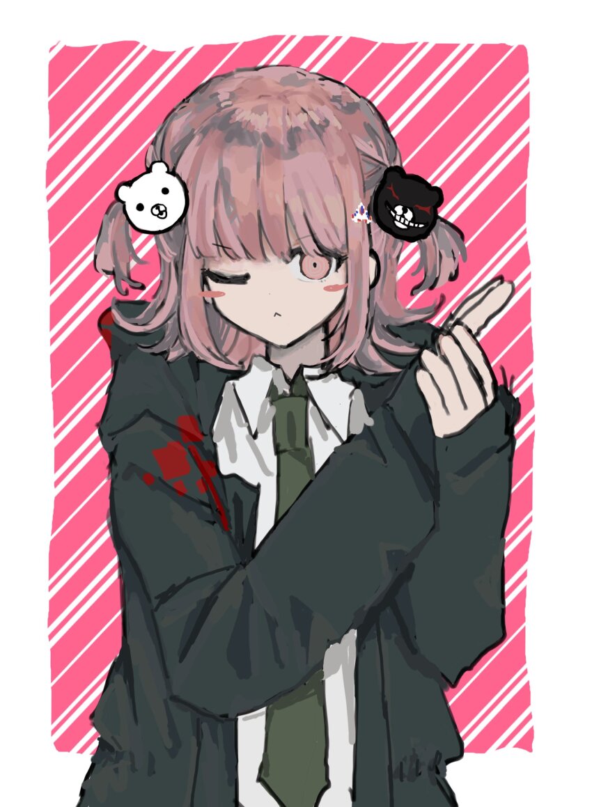 1girl ;&lt; alternate_hair_ornament bear_hair_ornament black_jacket blush_stickers borrowed_clothes collared_shirt cosplay galaga green_jacket green_necktie hair_ornament hand_up highres hinata_hajime hinata_hajime_(cosplay) jacket jiugyae komaeda_nagito komaeda_nagito_(cosplay) long_sleeves looking_at_viewer necktie pink_background pink_eyes shirt sleeves_past_wrists solo striped_background upper_body white_shirt