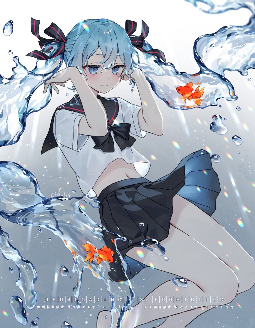 1girl aqua_hair bare_legs barefoot black_bow black_bowtie black_ribbon black_sailor_collar black_skirt blue_eyes blush bottle_miku bow bowtie commentary_request ctd_114 fish flat_chest foot_out_of_frame full_body goldfish hair_between_eyes hair_lift hair_ribbon hands_up hatsune_miku highres liquid_hair long_hair looking_ahead midriff navel pleated_skirt red_stripes ribbon sailor_collar shirt short_sleeves sidelocks skirt solo striped_ribbon very_long_hair vocaloid water_drop watermark white_shirt