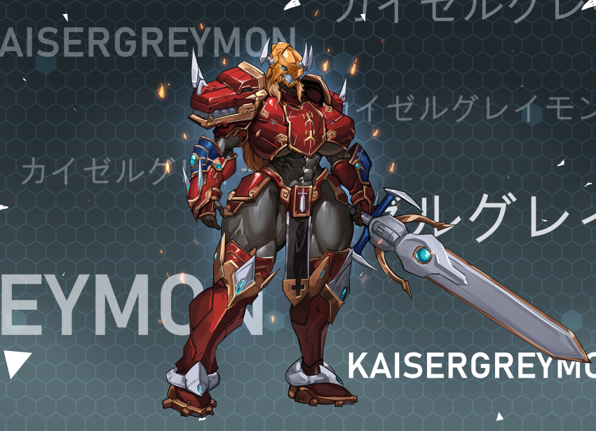 1girl abs absurdres armor blue_eyes breasts character_name commentary digimon digimon_(creature) english_commentary genderswap genderswap_(mtf) helmet highres holding holding_sword holding_weapon kaisergreymon manob0028 orange_helmet red_armor solo sword underboob weapon