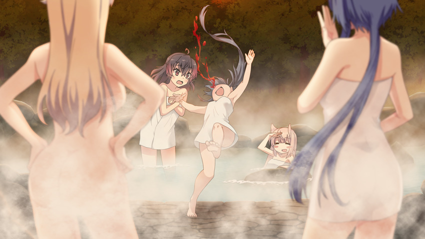 5girls ahoge aroused_nosebleed asakura_mihono ass back barefoot blonde_hair blood blue_hair blush blush_stickers breasts brown_eyes brown_hair convenient_censoring excessive_nosebleed from_behind game_cg hair_between_eyes hair_down hair_ears hand_up hands_on_own_hips kohagura_ellen large_breasts long_hair looking_at_another mashiko_kaoru medium_breasts multiple_girls naked_towel non-web_source nosebleed nude onsen open_mouth pink_hair setouchi_chie standing steam steam_censor toji_no_miko toji_no_miko:_kizamishi_issen_no_tomoshibi towel very_long_hair water yamashiro_yui