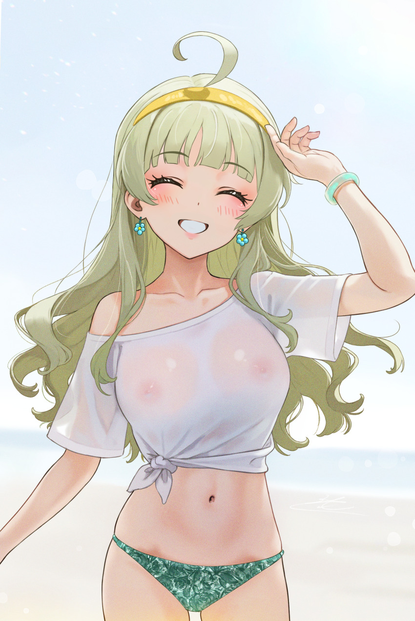 1girl ^_^ arm_up beach bikini bikini_bottom_only blush c_(theta) closed_eyes collarbone commentary_request covered_erect_nipples cowboy_shot earrings facing_viewer flower_earrings green_bikini green_hair hairband highres idolmaster idolmaster_million_live! jewelry long_hair navel outdoors shimabara_elena shirt single_bare_shoulder smile solo stomach swimsuit t-shirt tied_shirt very_long_hair white_shirt yellow_hairband
