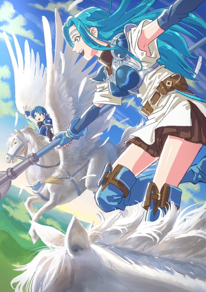 2girls armor belt blue_gloves blue_hair blue_sky breastplate brown_skirt circlet cloud commentary_request farina_(fire_emblem) fingerless_gloves fiora_(fire_emblem) fire_emblem fire_emblem:_the_blazing_blade flying gloves highres holding holding_polearm holding_weapon illustman_(u_ip8s) long_hair multiple_girls nintendo open_mouth pegasus pegasus_knight_uniform_(fire_emblem) polearm skirt sky smile standing teeth upper_teeth_only waving weapon white_fur white_wings wings