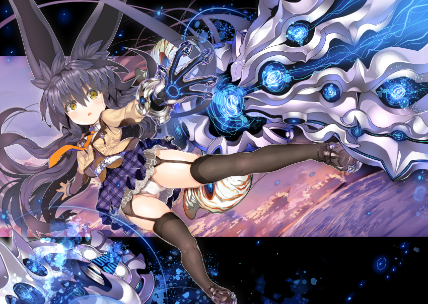 1girl animal_ears black_gloves black_hair black_thighhighs blush bracelet brown_jacket brown_shoes char cloud collared_shirt commentary_request female_focus garter_straps gloves glowing hair_between_eyes highres horizon jacket jewelry long_hair long_sleeves necktie necro-san ocean orange_necktie original outdoors panties parted_lips plaid_clothes plaid_skirt pleated_skirt purple_skirt revision shirt shoes skirt sky solo thighhighs underwear very_long_hair water white_panties white_shirt yellow_eyes