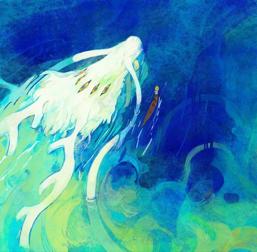 2others ambiguous_gender barsuk blue_eyes boat body_fur colored_sclera commentary dragon eastern_dragon english_commentary extra_eyes highres holding holding_oar horns multiple_others oar original outdoors partially_submerged red_pupils rowing swimming water watercraft whiskers white_fur yellow_sclera