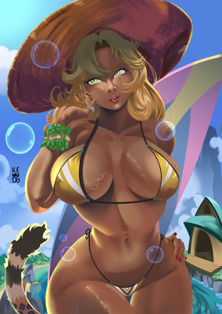1girl alternate_costume animal_ears bikini blonde_hair breasts commentary english_commentary genshin_impact hat highres icemandg jaguar_ears large_breasts looking_at_viewer navel solo stomach swimsuit underboob xilonen_(genshin_impact) yellow_bikini