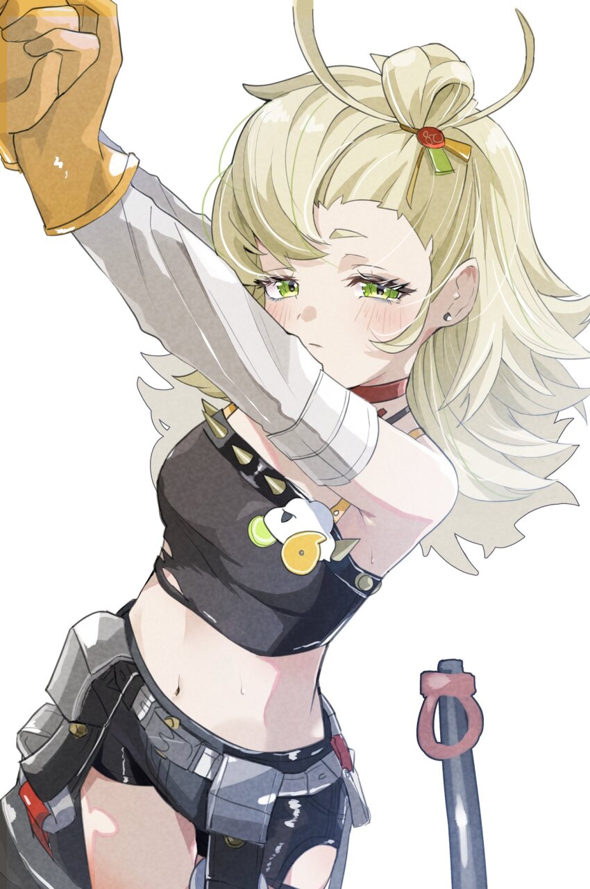 1girl black_shorts blonde_hair closed_mouth cowboy_shot crop_top detached_sleeves gaohuang43450 gloves green_eyes highres long_hair navel orange_gloves piper_wheel shorts solo white_background zenless_zone_zero