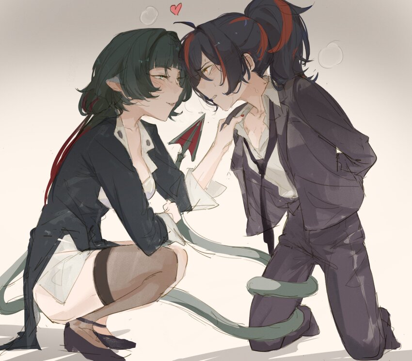 2girls absurdres animal_ears black_hair black_jacket black_necktie black_pants black_shoes black_thighhighs blue_eyes bluhbold blush breath brown_background collared_shirt gradient_background heart high_heels highres jacket jane_doe_(zenless_zone_zero) kneeling loose_necktie mouse_ears mouse_tail multicolored_hair multiple_girls necktie pants parted_lips ponytail red_eyes red_hair red_nails shirt shoes smile squatting streaked_hair tail tail_around_another&#039;s_leg tail_wrap thighhighs white_shirt yuri zenless_zone_zero zhu_yuan