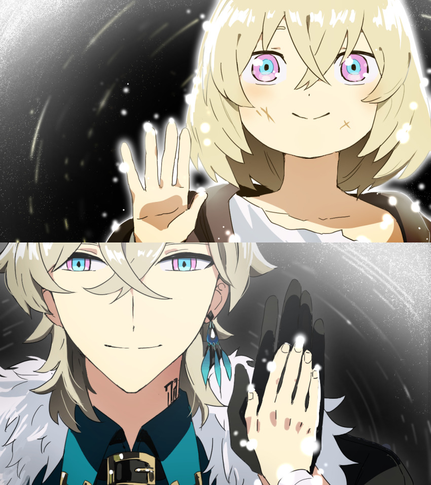 2boys aventurine_(honkai:_star_rail) black_background black_gloves blonde_hair blue_eyes brown_jacket collared_shirt crossed_bangs earrings fur_collar gloves gradient_background green_shirt highres honkai:_star_rail honkai_(series) jacket jewelry kakavasha_(honkai:_star_rail) looking_at_viewer looking_up male_focus multicolored_eyes multiple_boys neck_tattoo palms_together pink_eyes pirohi_(pirohi214) scar scar_on_face shirt short_hair single_earring smile tattoo time_paradox two-tone_eyes upper_body white_shirt