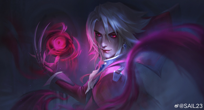 1boy absurdres artist_name ascot black_gloves blood claw_(weapon) closed_mouth earrings fingernails from_side gloves glowing glowing_eyes hair_between_eyes hemokinesis highres jacket jewelry league_of_legends light_smile magic male_focus medium_hair pale_skin partially_fingerless_gloves red_eyes red_jacket sail23 sharp_fingernails solo upper_body vampire vladimir_(league_of_legends) weapon white_ascot white_hair